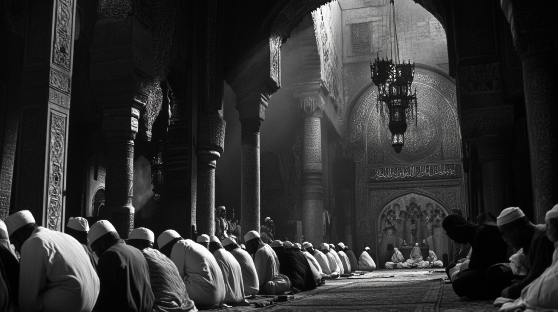 Group of men seated and praying inside a grand, ornately decorated mosque with Islamic calligraphy and arched architecture