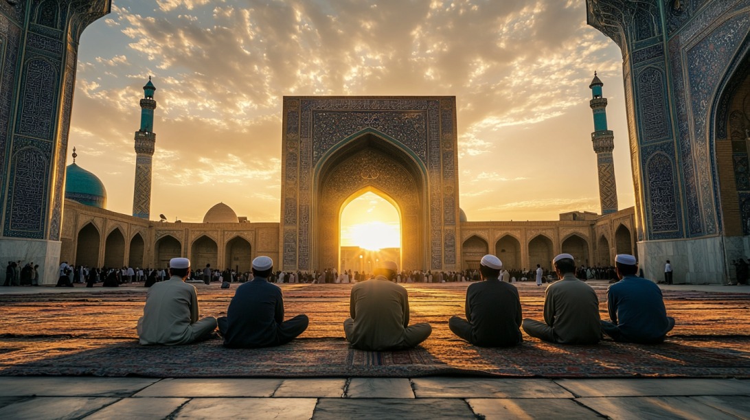 Group of Muslim men seated in a mosque courtyard at sunrise, facing a large ornate archway