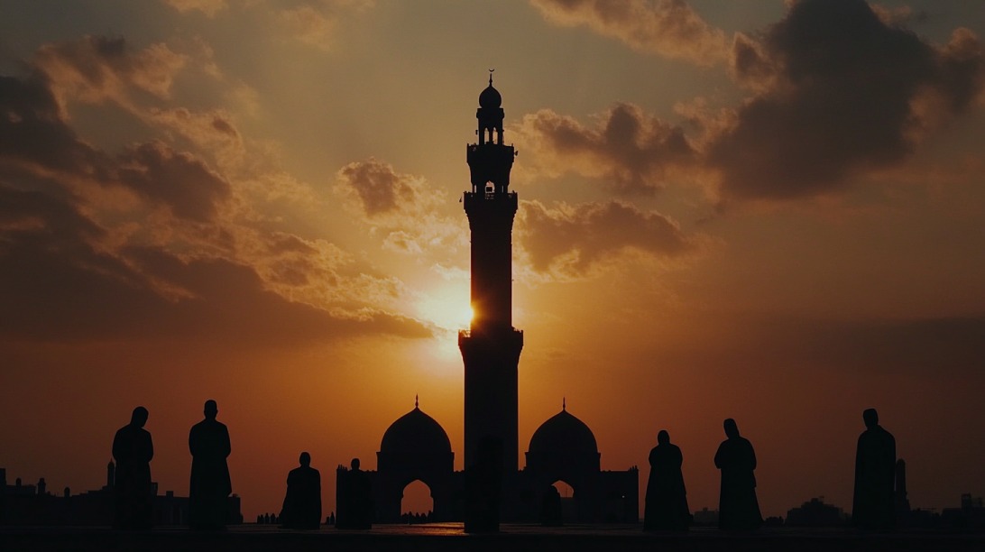 Silhouette of a mosque at sunset with people standing in front, sky glowing orange and gold