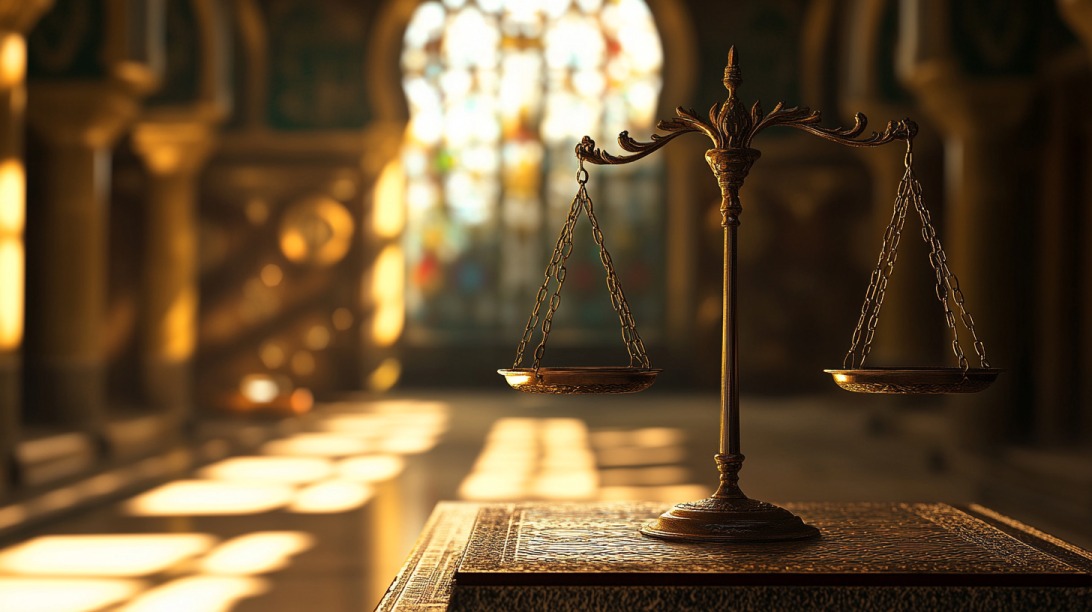 Ornate balance scale on a pedestal in a sunlit room with arched windows and stained glass