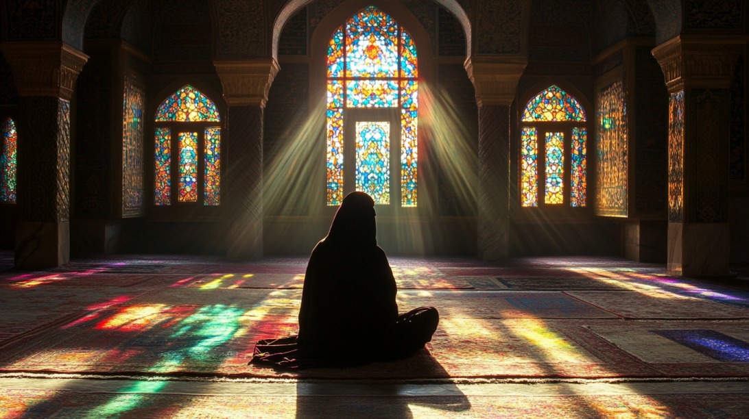 A person in traditional attire sitting on a mosque floor, bathed in colorful light from stained glass windows