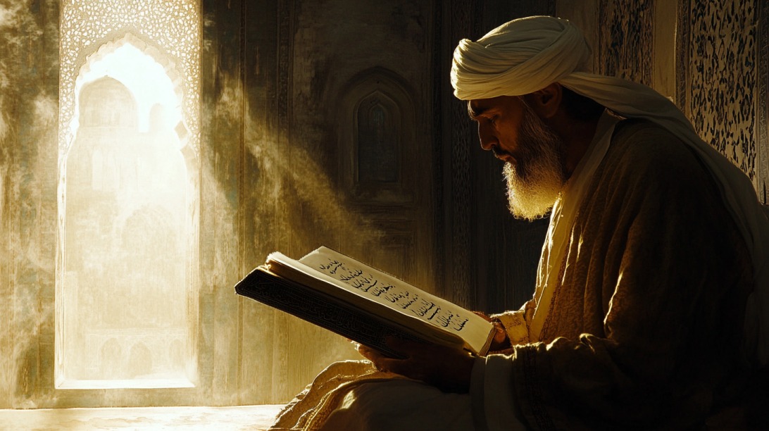 A Muslim scholar reading a large religious book in sunlight near a mosque window